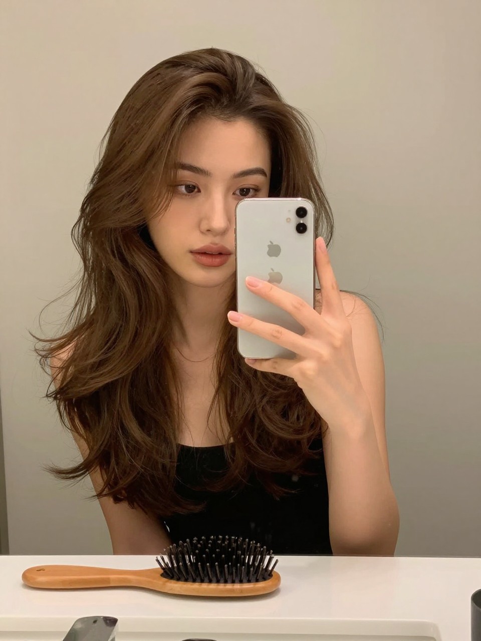 Photo of a woman wearing toasted almond brunette hair in a soft polished blowout, candid mirror selfie, bathroom vanity mirror setting, soft indoor lighting, with a round brush on the counter and a hairbrush nearby, latest iPhone photo quality.