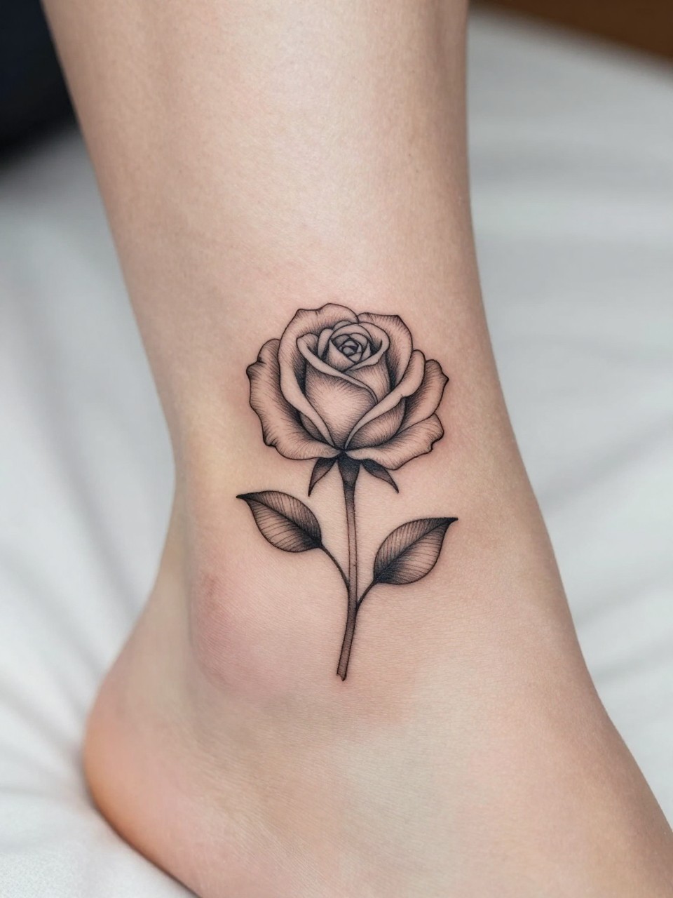 Image Prompt: "Macro shot of a minimalist rose tattoo on the ankle, black ink fine line floral design with tiny layered petals and very subtle shading, realistic skin texture, neutral pedicure, soft bedding in the background, design-first composition, modern feminine tattoo inspiration photo, tattoo clearly in focus (no watermarks on images)"