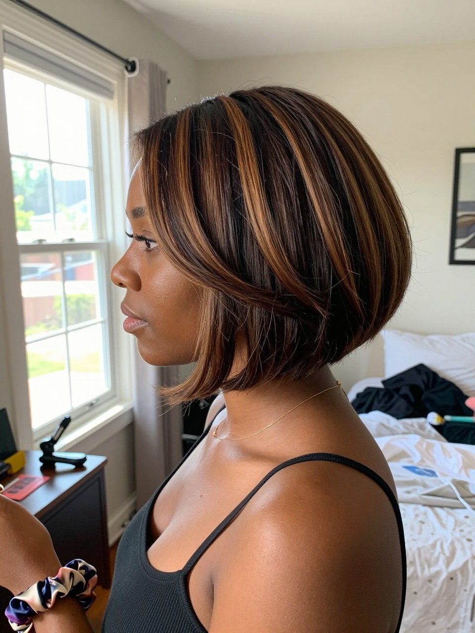 Photo of a black woman wearing a short brown bob with caramel highlight ribbons and soft loose bends, side profile view, in a sun-drenched bedroom, natural window light, containing a small lived-in detail such as a curling iron on the counter and a silk scrunchie on the wrist, latest iPhone photo quality.