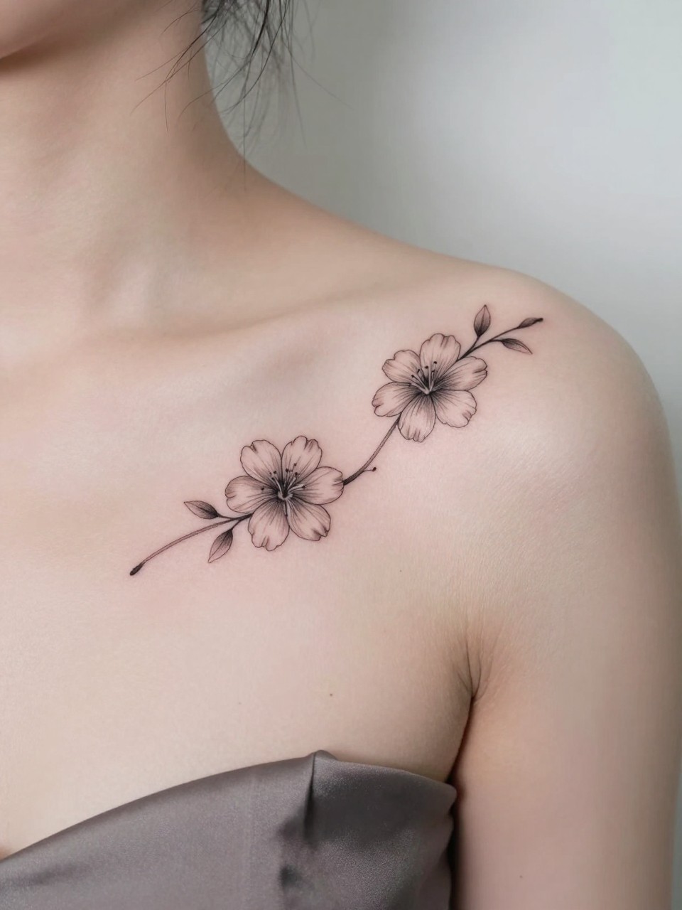 Image Prompt: "Design-focused close-up of a blooming peony tattoo on the shoulder blade, black ink fine line floral style with soft grey shading, layered clean petals, realistic skin texture, hair loosely pinned up, clean feminine styling, soft minimal background, tattoo fills most of the frame (no watermarks on images)"