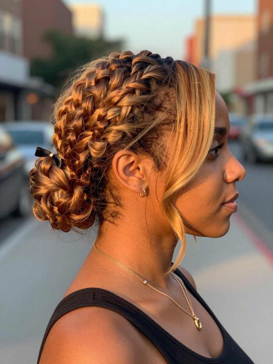 Photo of a biracial woman wearing a half-up twisted ginger hairstyle with bright honey face-framing highlights, side profile view, in a softly blurred city street background, golden hour glow, containing a small lived-in detail such as a bow clip at the back and layered necklaces, latest iPhone photo quality.