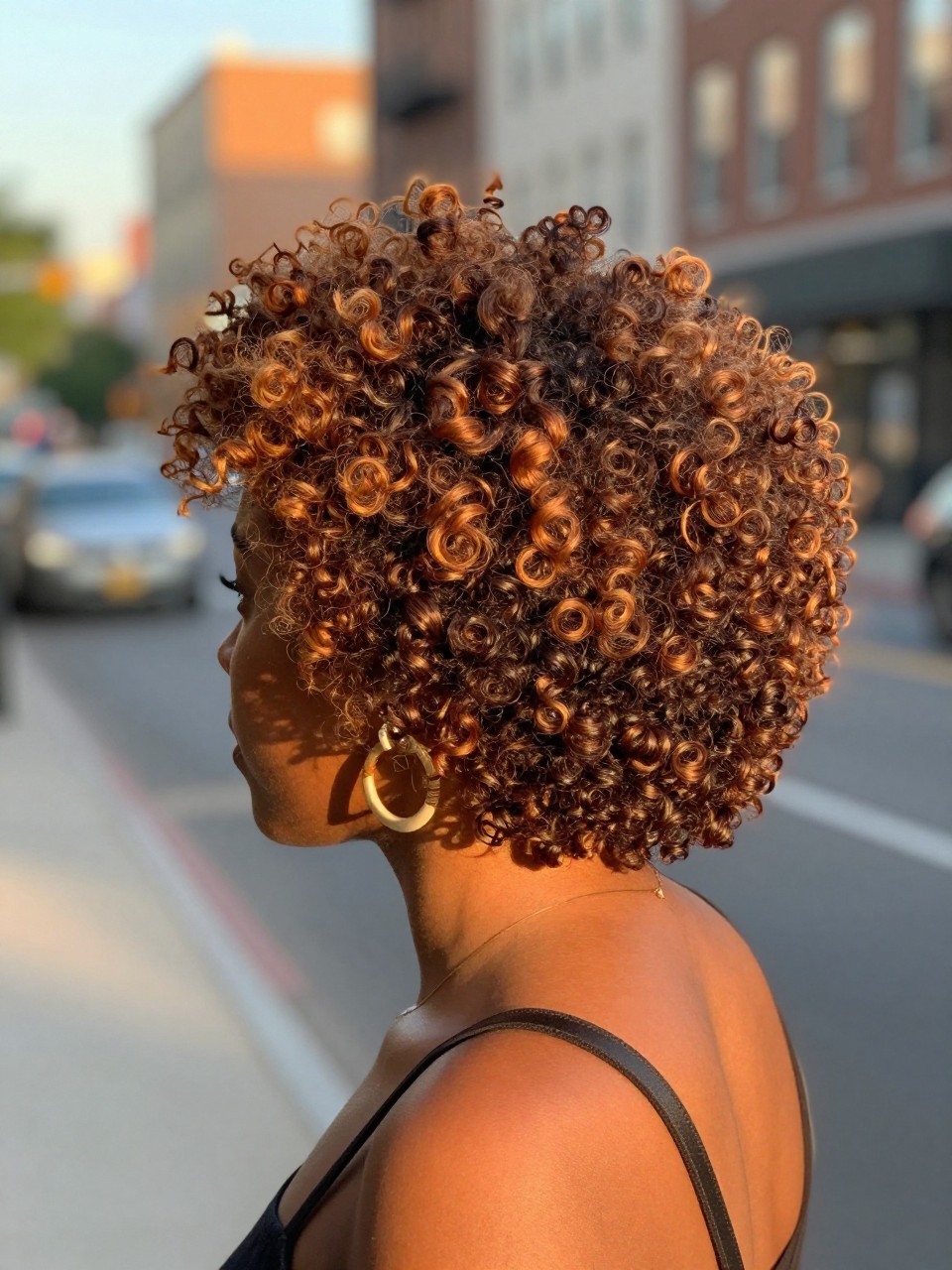 Photo of a Black woman wearing a rounded natural afro with chestnut highlights softly blended through the outer curls, back-of-head view to highlight details, in a softly blurred city street background, golden hour glow, containing a small lived-in detail such as statement earrings peeking through and a crossbody strap on the shoulder, latest iPhone photo quality.