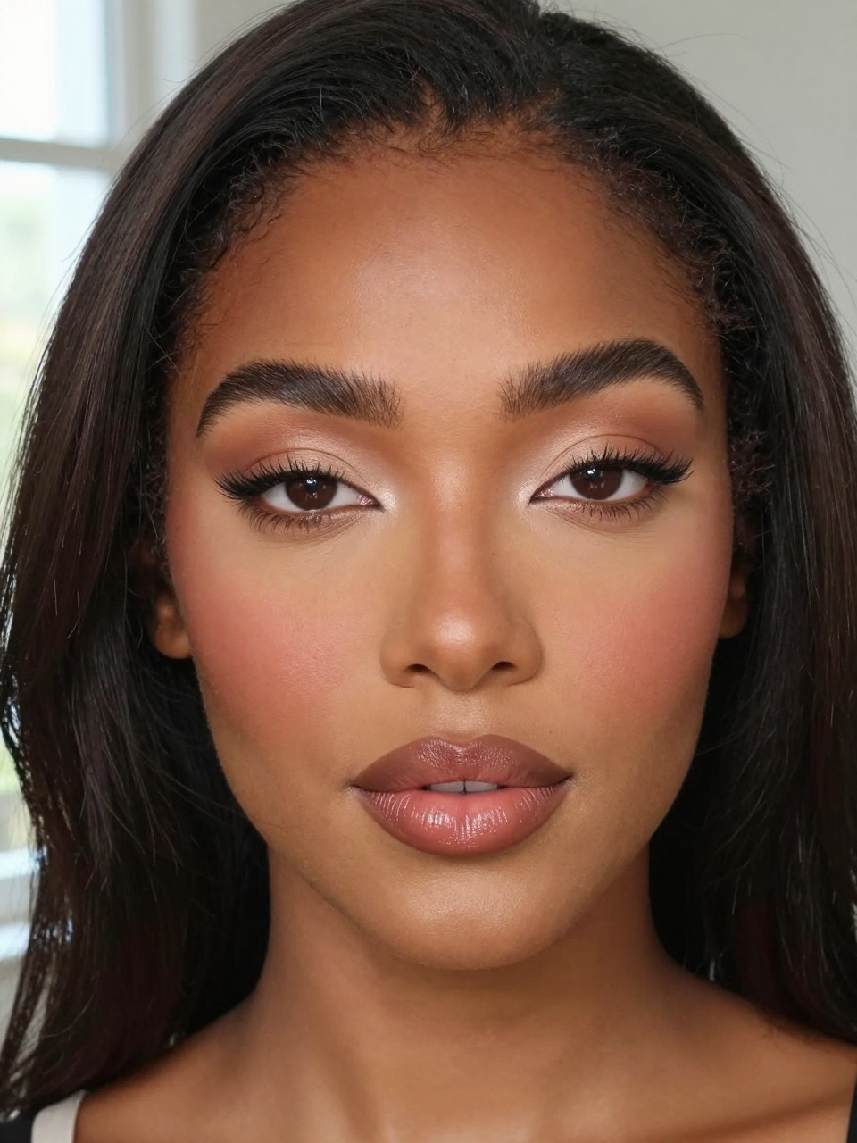 IMAGE_PROMPT: Super realistic close-up beauty portrait of a Black woman wearing soft glam makeup with beige eyelids, taupe crease definition, muted rose blush, rosy brown glossy lips, fluffy brows, smooth lightly radiant skin, and natural lashes, shot from a front-facing portrait, with soft natural window light that clearly reveals the soft matte textures and lip gloss shine, realistic skin texture, shoulder-length pressed hair, minimal soft background, feminine modern beauty photography, latest iPhone photo quality (no watermarks on images).
