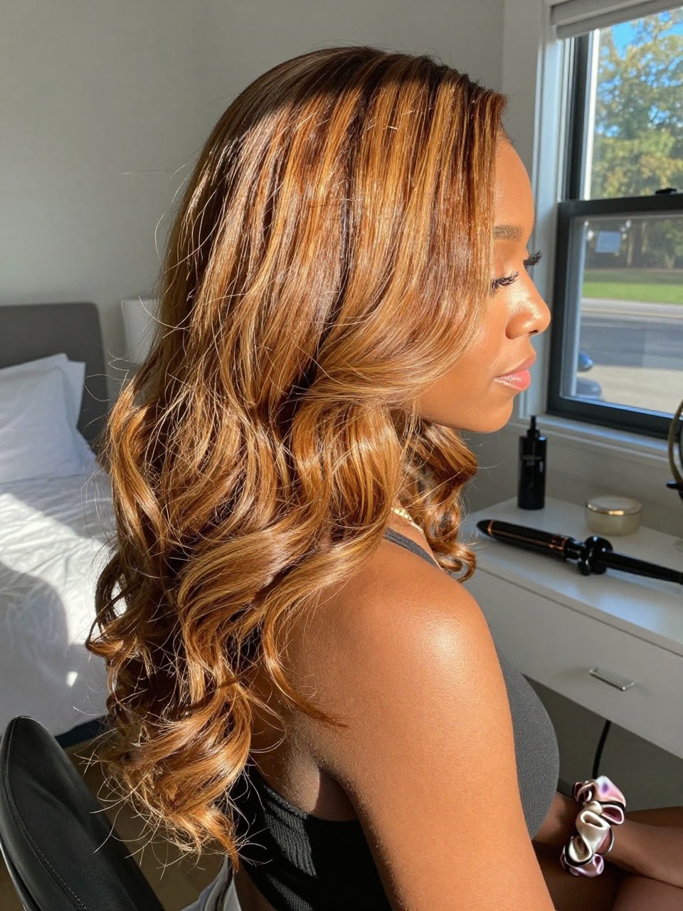 Photo of a black woman wearing sun-kissed bronde hair in loose brushed waves, side profile view, sun-drenched bedroom setting, natural window light, with a curling iron on the vanity and a silk scrunchie on her wrist, latest iPhone photo quality.