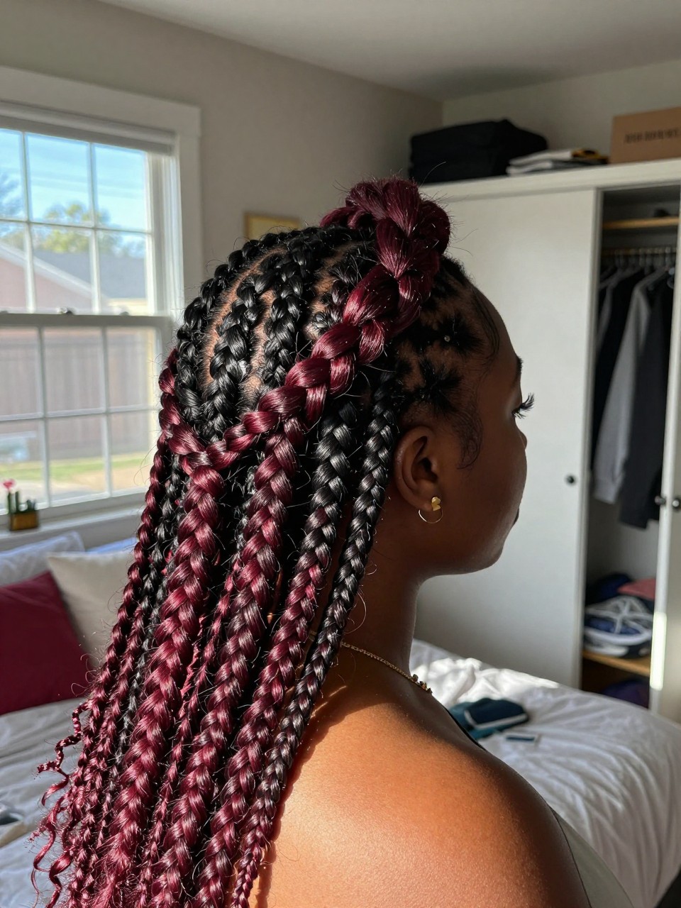 Photo of a black woman wearing a braided crown on black hair with burgundy red highlights woven throughout, back-of-head view to highlight details, in a sun-drenched bedroom, natural window light, containing a small lived-in detail such as a tiny flower pin and a slightly open closet behind, latest iPhone photo quality.