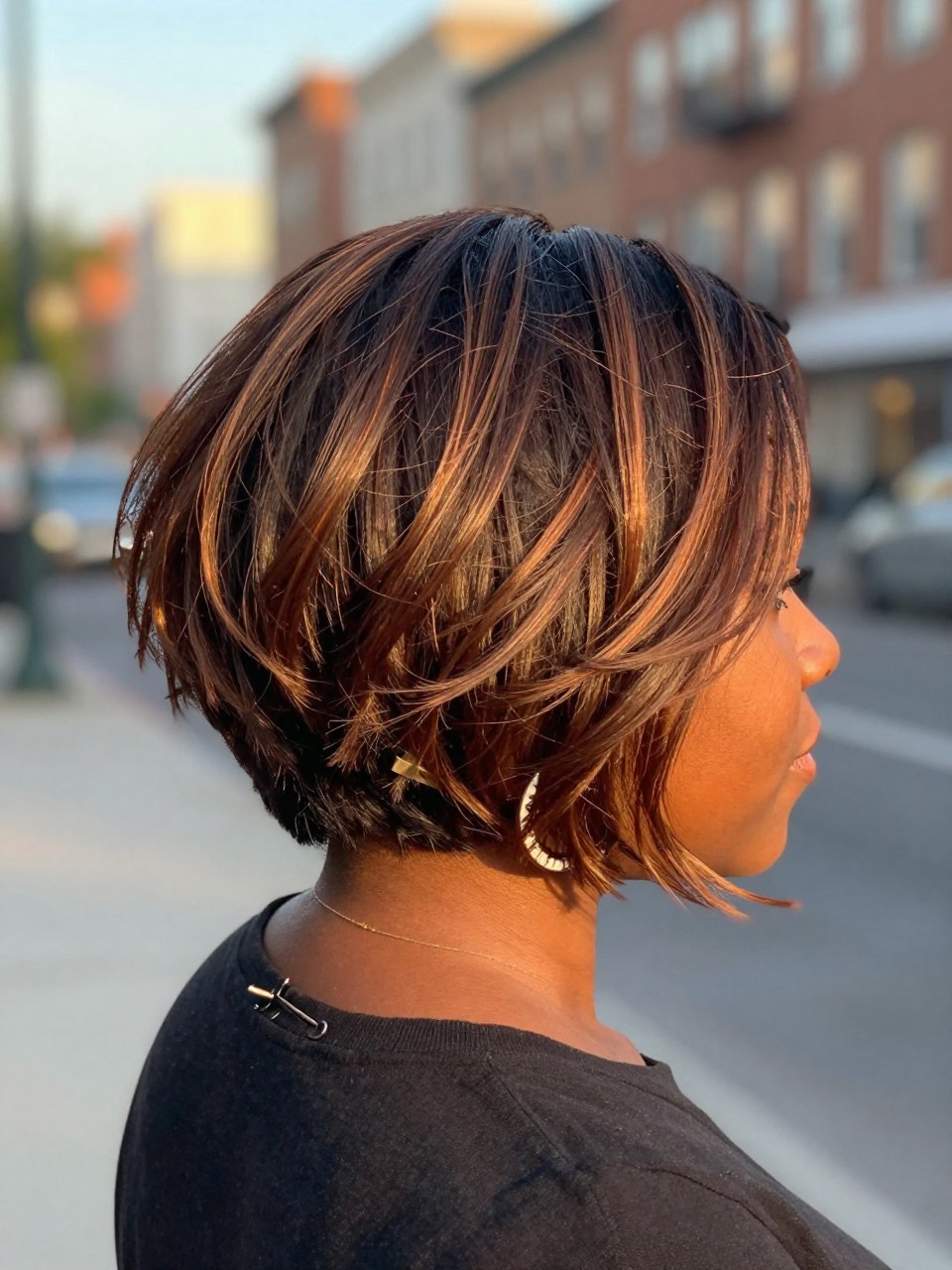 Photo of a Black woman wearing a tousled brown bob with bronze highlight ribbons and soft choppy texture, back-of-head view to highlight details, in a softly blurred city street background, golden hour glow, containing a small lived-in detail such as a hair clip clipped to the collar and statement earrings peeking through, latest iPhone photo quality.