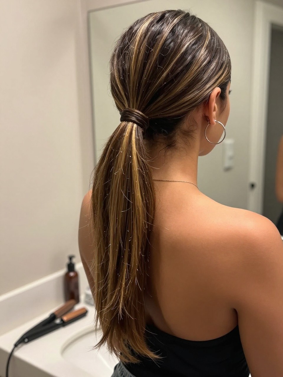 Photo of a woman wearing a sleek mid ponytail with dark hair and honey highlight panels through the tail, back-of-head view to highlight details, at a bathroom vanity mirror, soft indoor lighting, containing a small lived-in detail such as a flat iron on the counter and hoop earrings peeking through, latest iPhone photo quality.