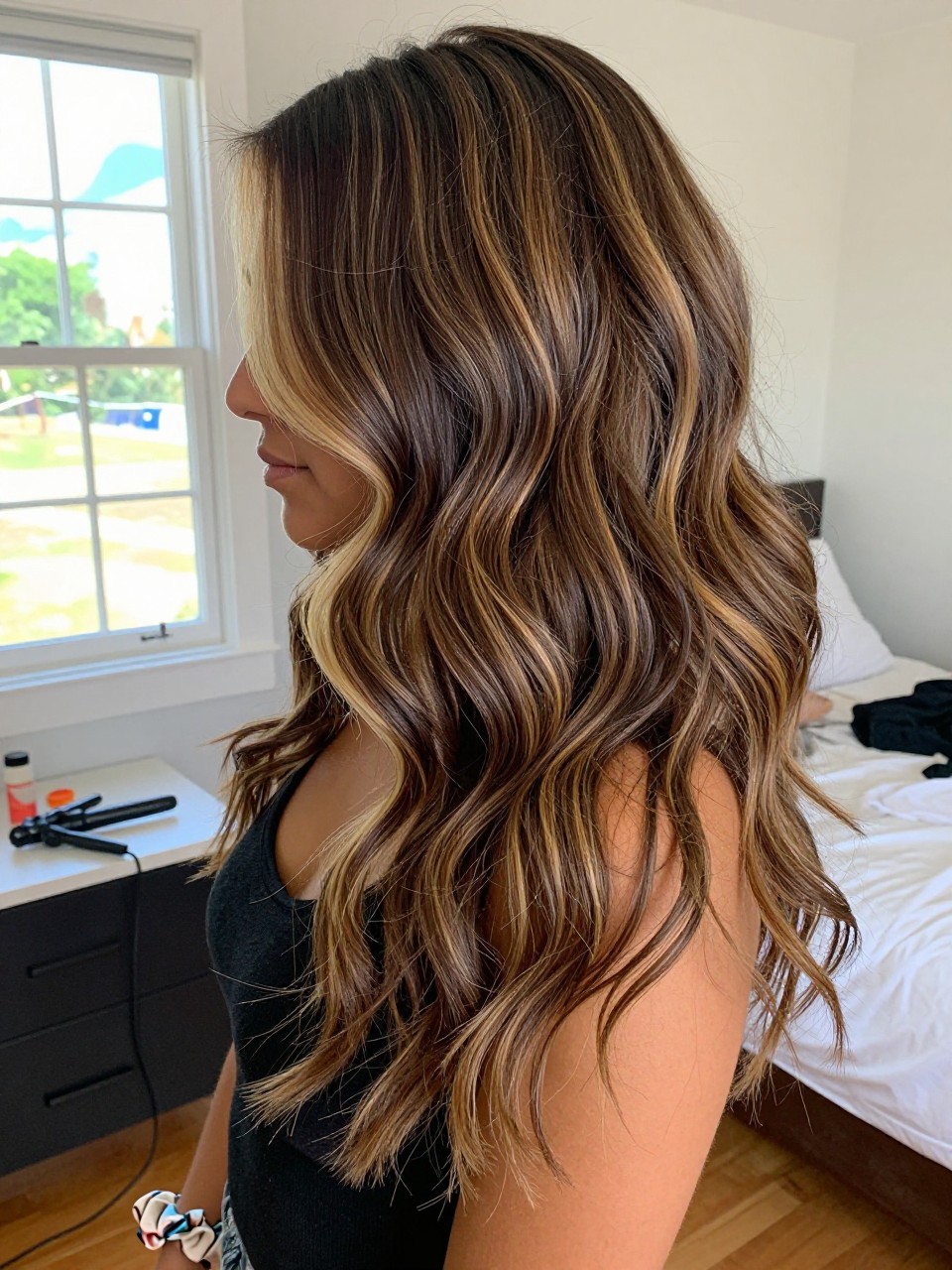 Photo of a brown woman wearing soft brunette waves with honey blonde highlight ribbons woven through the lengths, side profile view, in a sun-drenched bedroom, natural window light, containing a small lived-in detail such as a curling iron on the counter and a silk scrunchie on the wrist, latest iPhone photo quality.