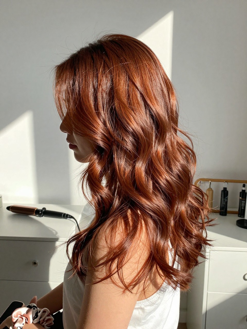 Photo of a woman wearing mahogany copper hair in soft loose waves, side profile view, sun-drenched bedroom setting, natural window light, with a curling iron on the dresser and a silk scrunchie on her wrist, latest iPhone photo quality.