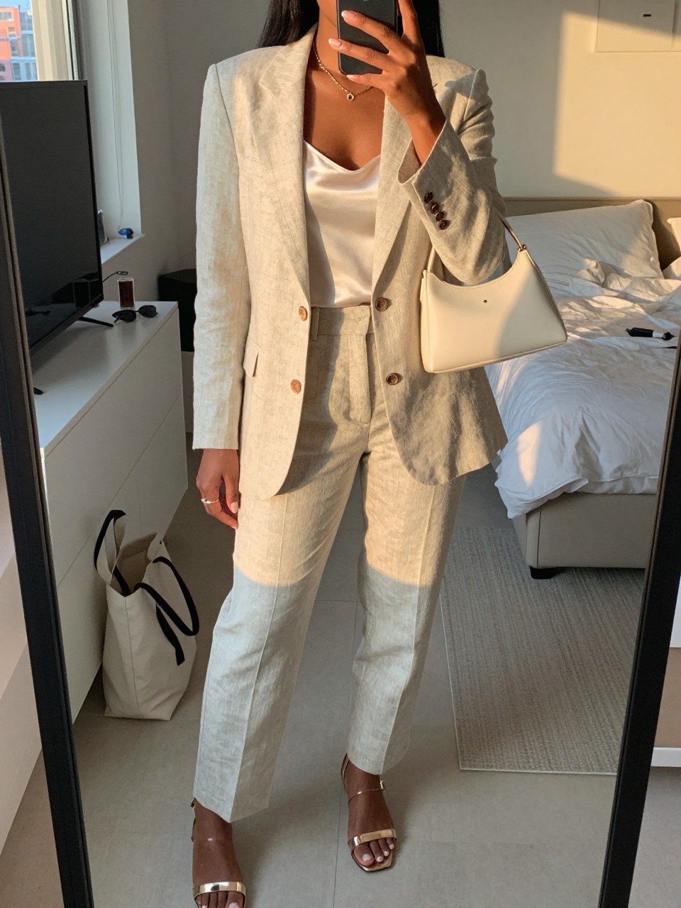 mirror selfie of a black woman wearing a light beige linen blend blazer with matching tailored trousers and an ivory silky cami, champagne gold metallic sandals, and a cream mini shoulder bag, holding a phone in front of a mirror, cropped at NECK so face doesn't show, with a natural casual selfie pose, in a city apartment, evening golden hour, including small lived-in details like a tote bag on the floor, sunglasses on a dresser, or soft bedding in the background, latest iPhone photo quality.