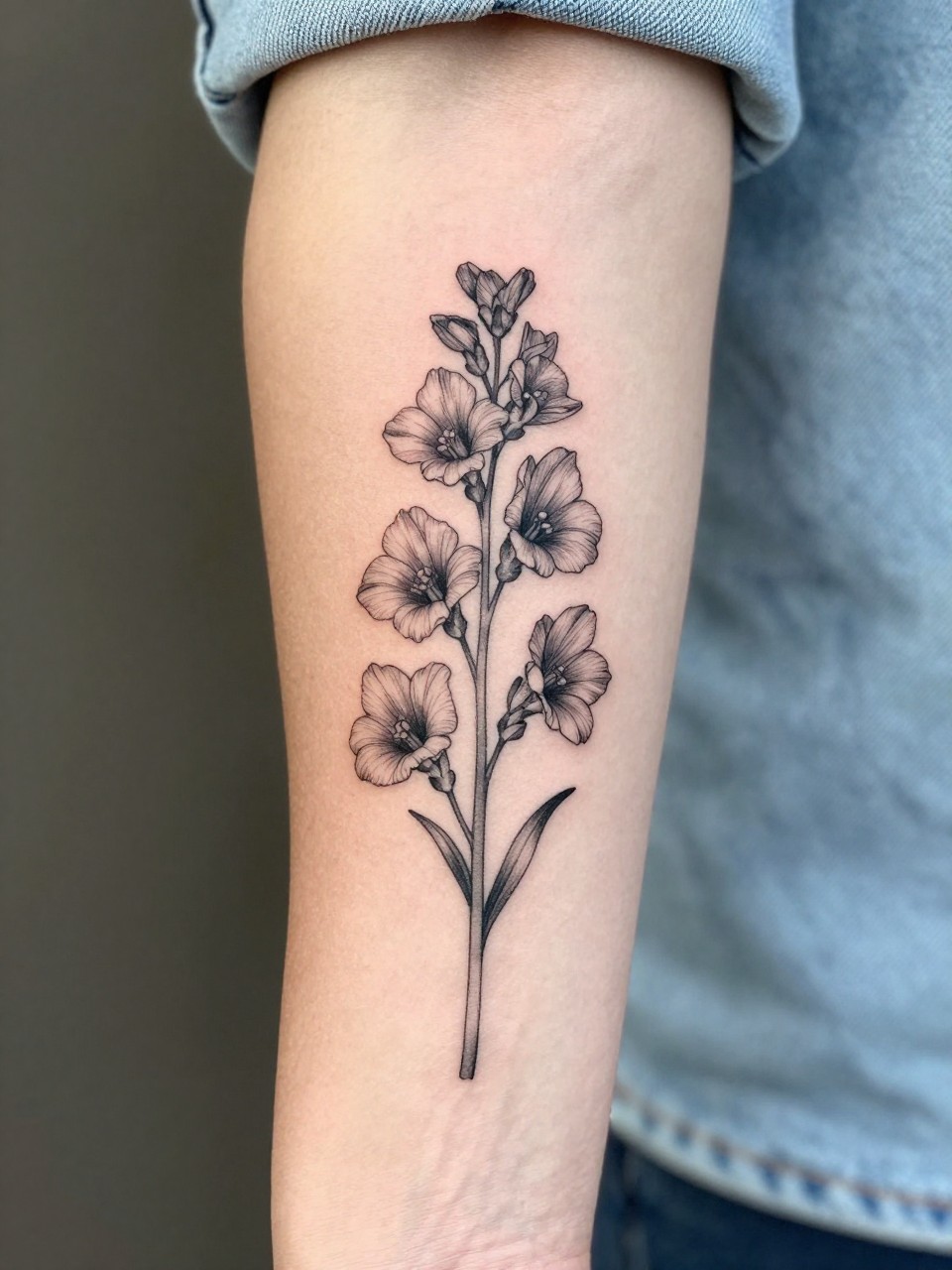 Image Prompt: "Close-up of a single larkspur stem tattoo on the forearm, black ink fine line floral design with delicate layered blossoms, slender stem, soft grey shading, realistic skin texture, light denim sleeve softly blurred near the edge, design-first composition, feminine modern tattoo inspiration photo, minimal background (no watermarks on images)"
