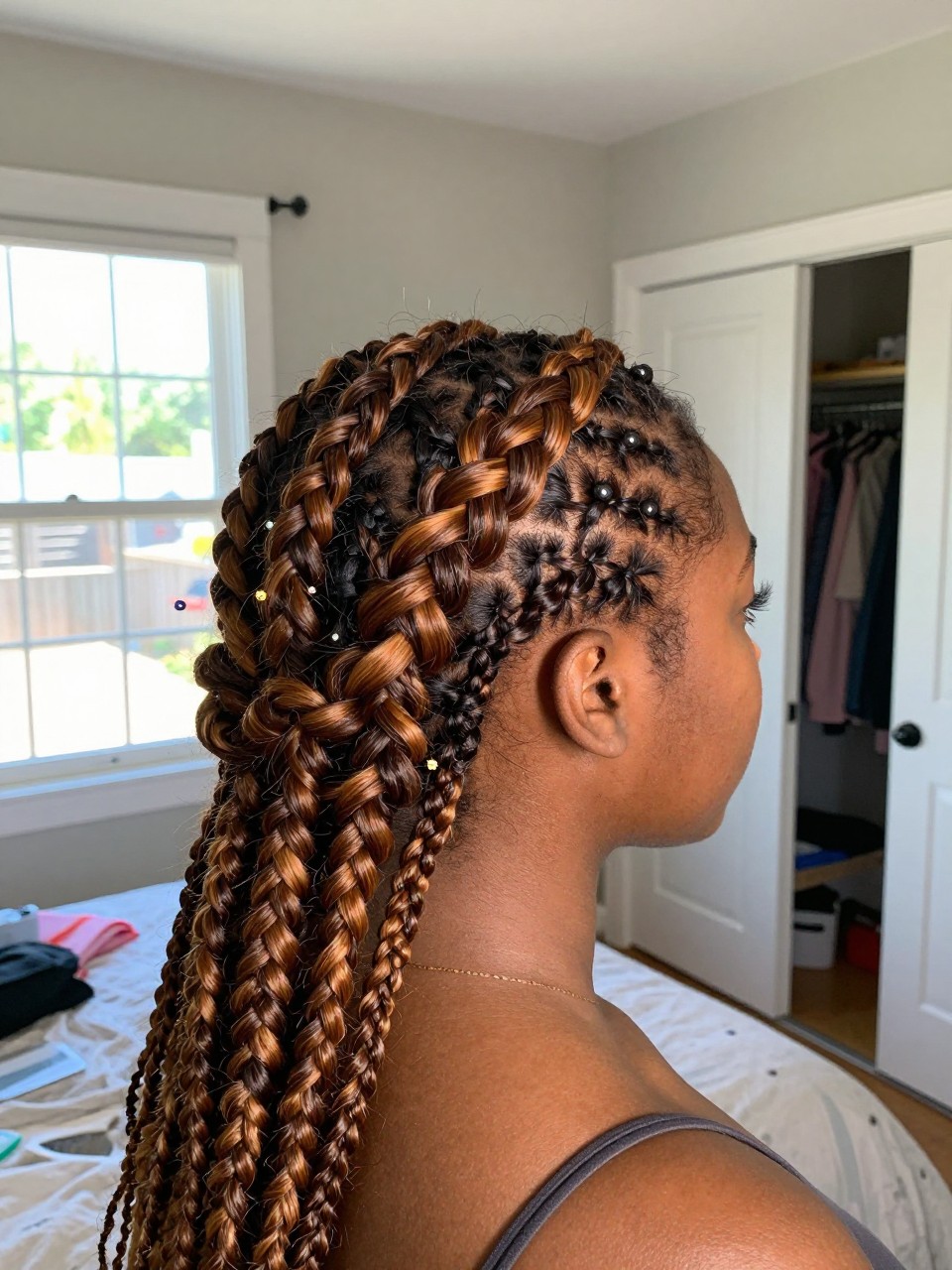 Photo of a Black woman wearing a braided crown on brown hair with honey brown highlights woven throughout, back-of-head view to highlight details, in a sun-drenched bedroom, natural window light, containing a small lived-in detail such as a tiny flower pin and a slightly open closet behind, latest iPhone photo quality.
