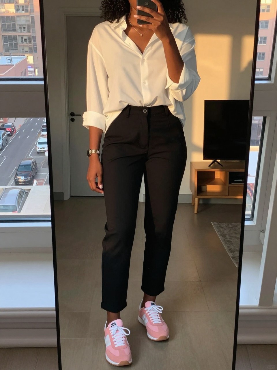 iPhone mirror selfie of a black woman in black trousers and a white blouse with pink sneakers, standing with weight shifted, cropped at NECK so face doesn't show, in a city apartment, evening golden hour, iPhone photo quality.