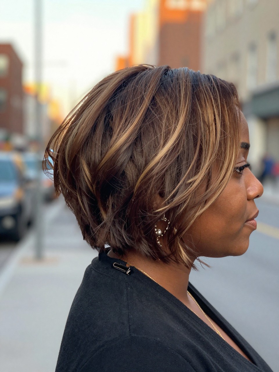 Photo of a black woman wearing a tousled brunette bob with beige highlights and soft lowlights, back-of-head view to highlight details, in a softly blurred city street background, golden hour glow, containing a small lived-in detail such as a hair clip clipped to the collar and statement earrings peeking through, latest iPhone photo quality.