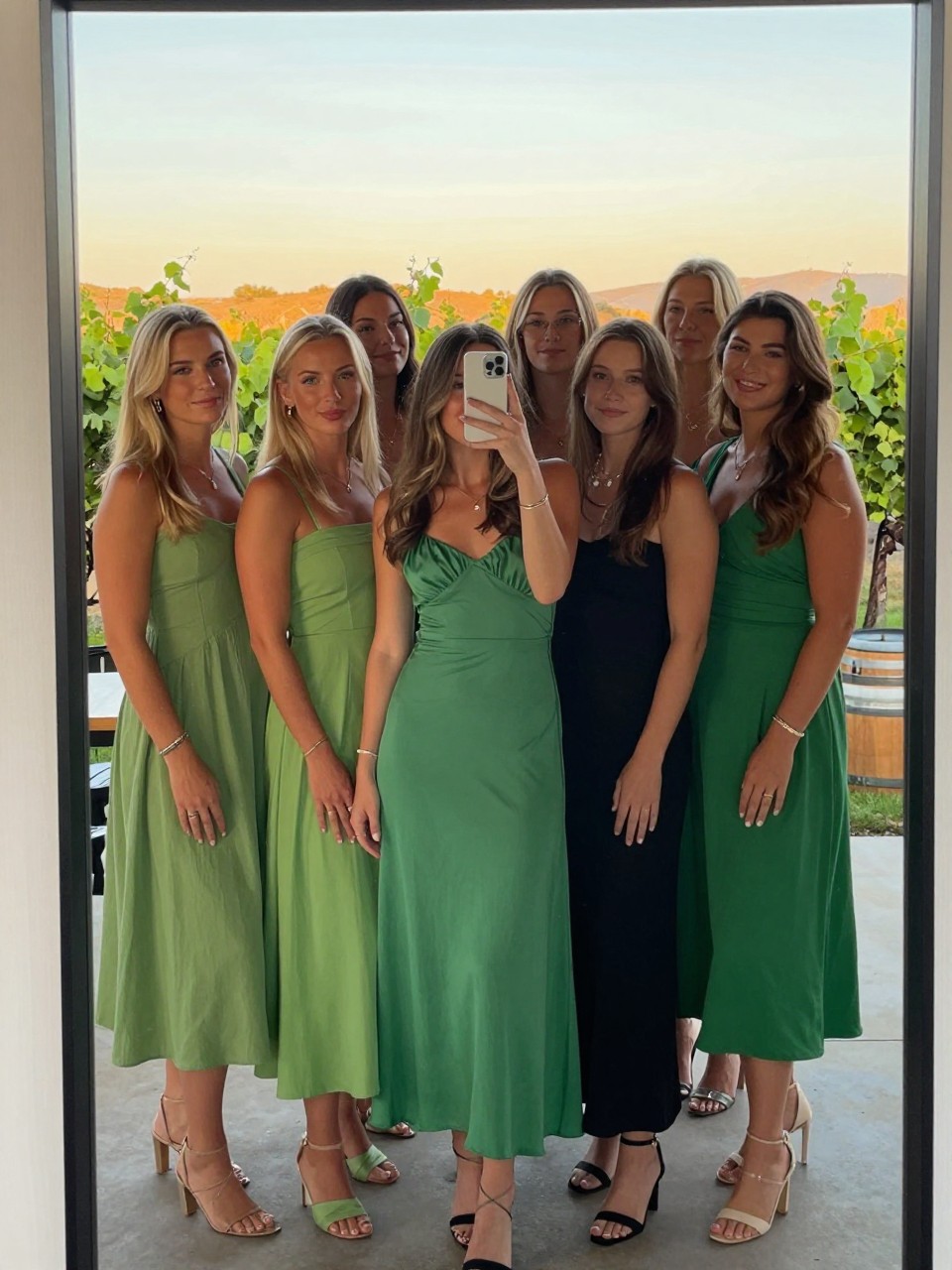 mirror selfie of a group of women in coordinating shades of green dresses, standing together at a winery or nice restaurant, cropped at NECK so faces don't show, at a winery, evening golden hour, iPhone photo quality.
