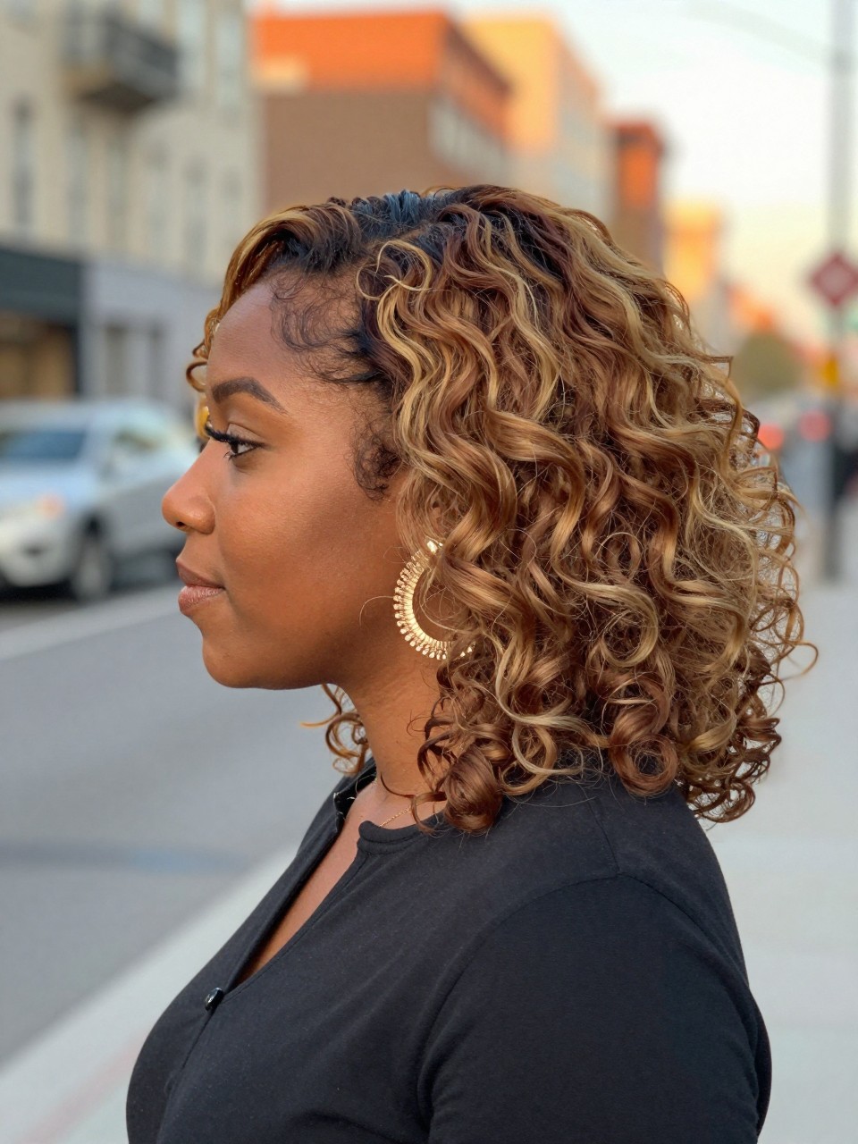 Photo of a black woman wearing bronde brunette blend hair in soft loose curls, side profile view, softly blurred city street background, golden hour glow, with statement earrings peeking through and a hair clip clipped to her collar, latest iPhone photo quality.