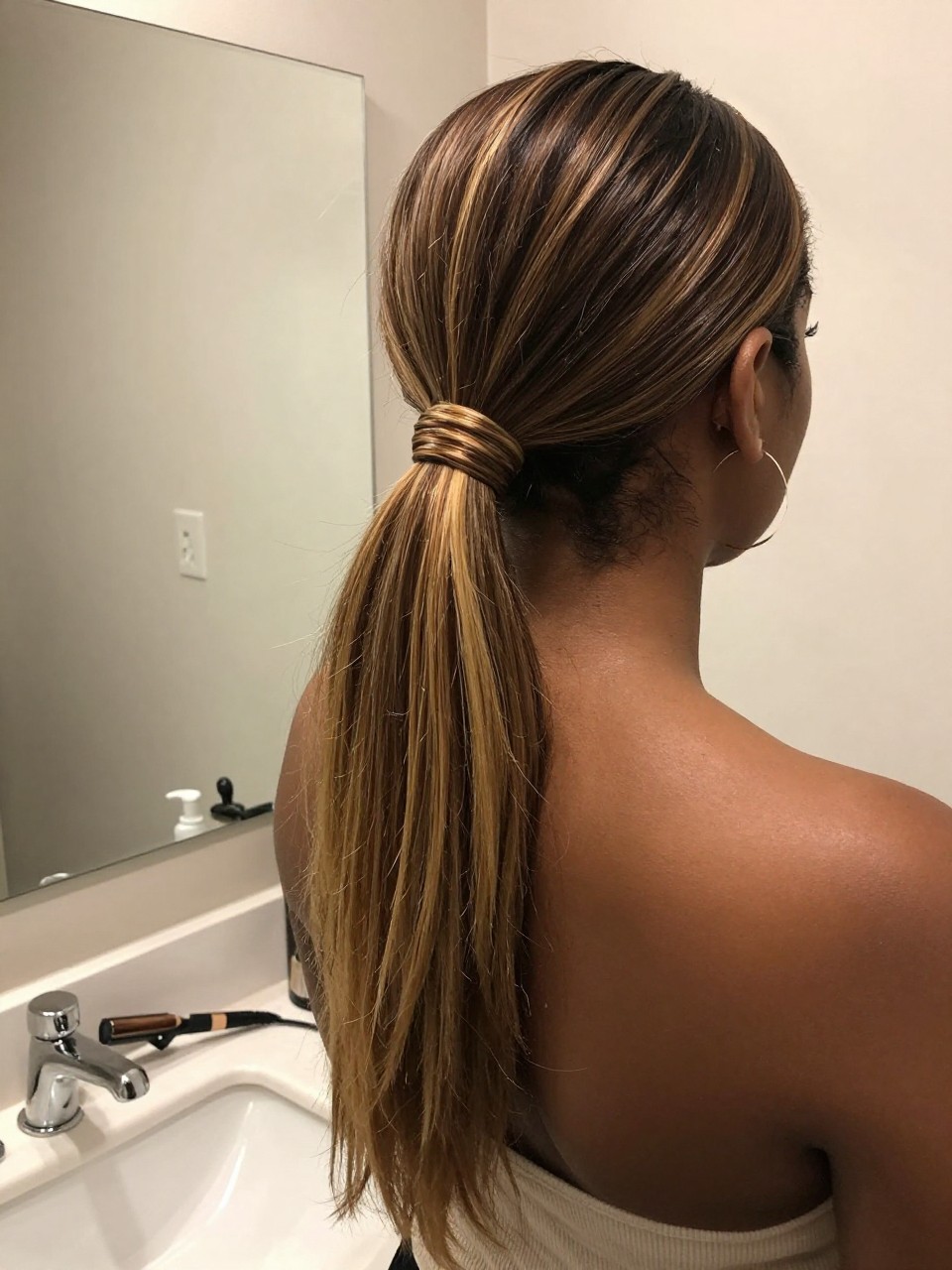 Photo of a brown woman wearing a sleek mid ponytail with brunette hair and blonde highlight panels through the tail, back-of-head view to highlight details, at a bathroom vanity mirror, soft indoor lighting, containing a small lived-in detail such as a flat iron on the counter and hoop earrings peeking through, latest iPhone photo quality.