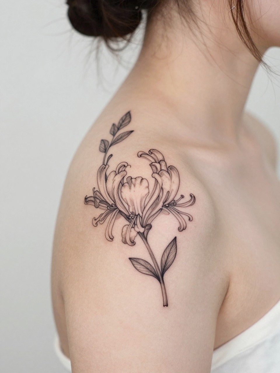 Image Prompt: "Design-focused close-up of a blooming honeysuckle tattoo on the shoulder blade, black ink fine line floral style with soft grey shading, elegant vine stem and clustered trumpet-shaped blooms, realistic skin texture, hair loosely pinned up, clean feminine styling, soft minimal background, tattoo fills most of the frame (no watermarks on images)"