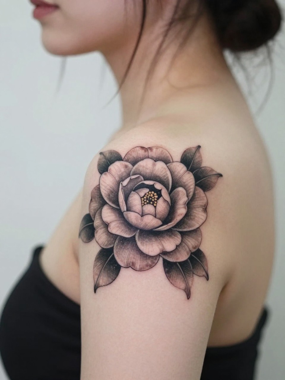 Image Prompt: "Design-focused close-up of a Japanese camellia flower tattoo on the shoulder blade, black and grey ink, rounded petals, soft shading, medium-size elegant composition, realistic skin texture, hair loosely pinned up, soft feminine styling, clean minimal background, tattoo is the main subject of the image (no watermarks on images)"