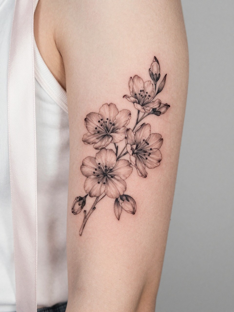 Image Prompt: "Design-focused close-up of a hawthorne tattoo on the inner bicep, black ink fine line floral style, soft blossoms with subtle shading, realistic skin texture, satin ribbon nearby as a subtle feminine detail, tight crop, minimal soft background, modern lifestyle-inspired tattoo image, tattoo is the clear main subject (no watermarks on images)"