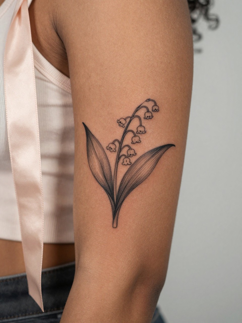 Image Prompt: "Design-focused close-up of a lily of the valley tattoo on the inner bicep of feminine black woman, black ink fine line floral style, tiny hanging blooms with subtle shading, realistic skin texture, satin ribbon nearby as a subtle feminine detail, tight crop, minimal soft background, modern lifestyle-inspired tattoo image, tattoo is the clear main subject (no watermarks on images)"