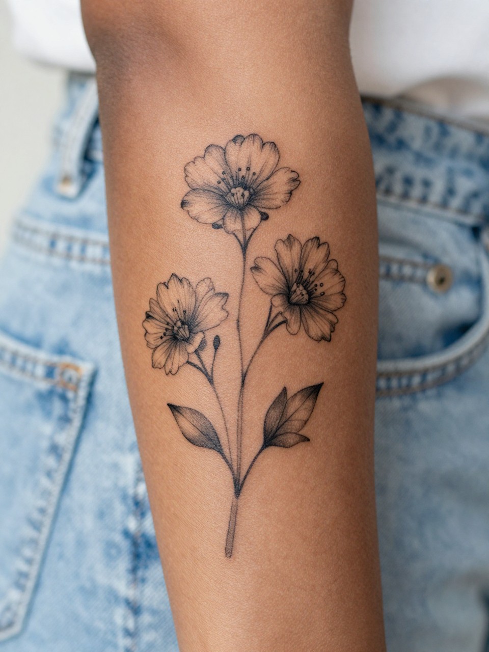 Image Prompt: "Macro-style close-up of a fine line botanical flower sleeve tattoo on the arm of black feminine woman, delicate black ink flowers, leaves, and thin stems, very soft grey shading, airy composition, realistic skin texture, light denim softly blurred near the edge, design-focused close-up, feminine modern tattoo inspiration photo, minimal background (no watermarks on images)"