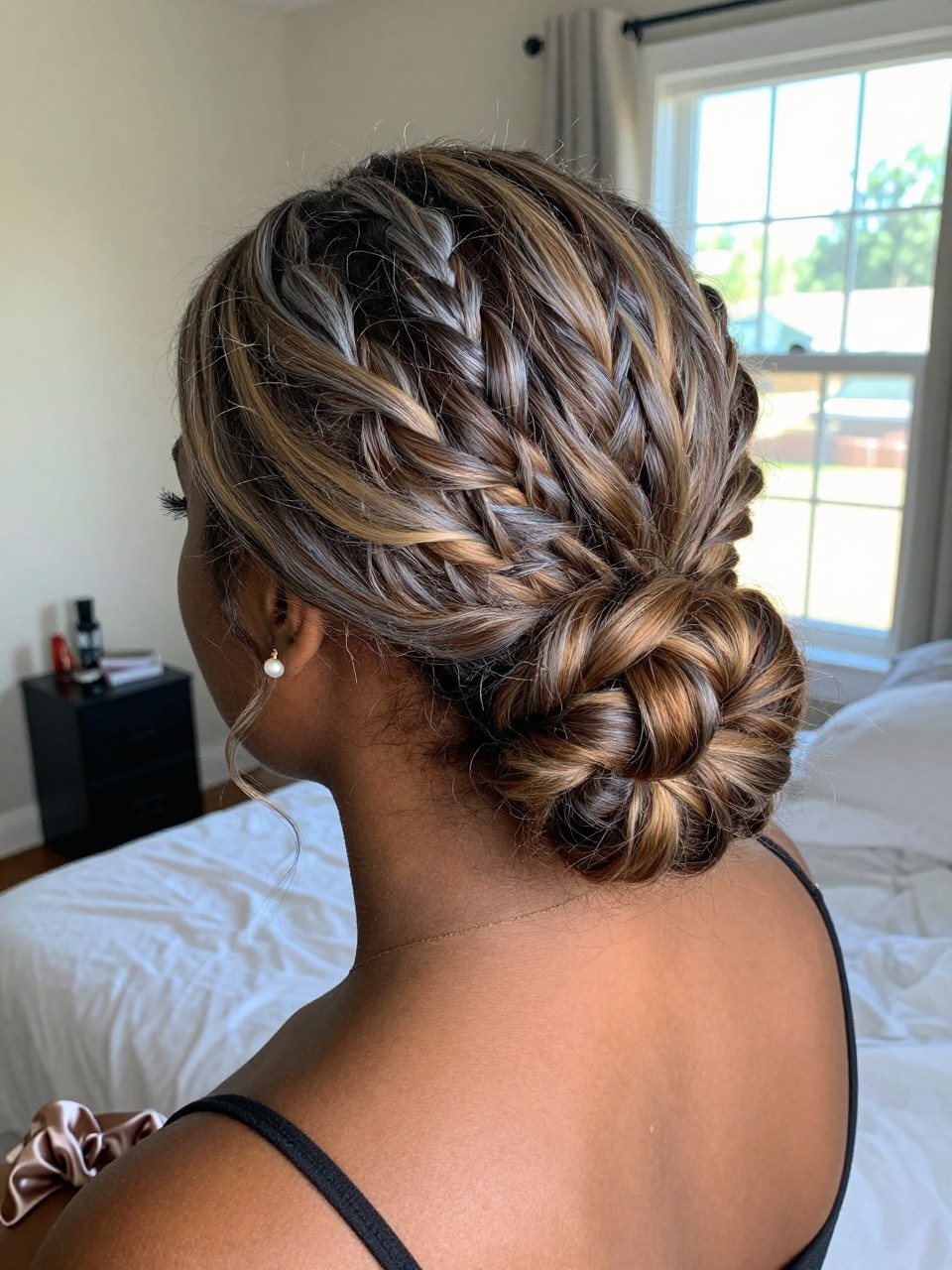 Photo of a black woman wearing a low textured bun on ash brown hair with cool blonde highlights woven through the twists, back-of-head view to highlight details, in a sun-drenched bedroom, natural window light, containing a small lived-in detail such as a pearl pin and a silk scrunchie on the wrist, latest iPhone photo quality.