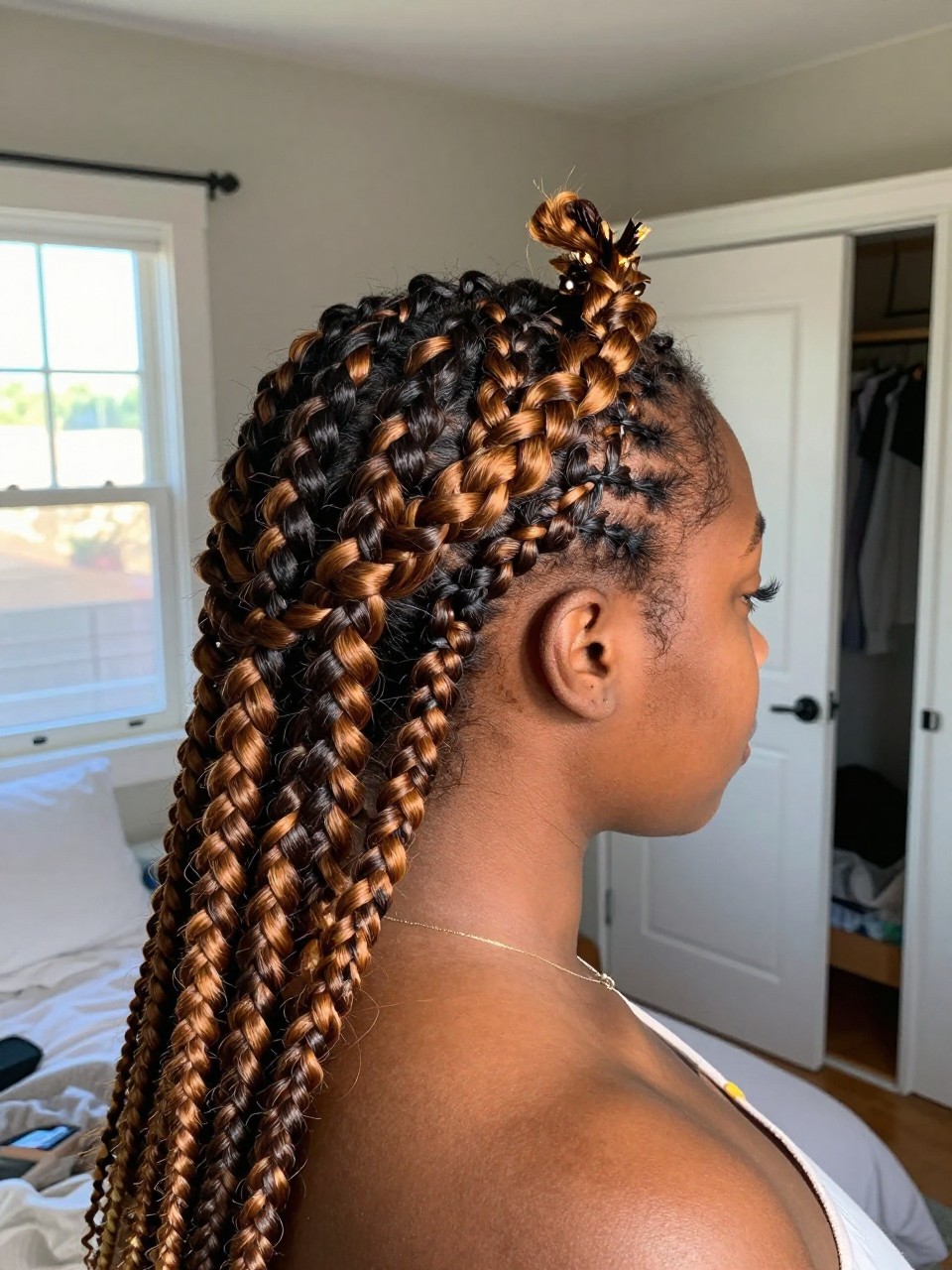 Photo of a Black woman wearing a braided crown on dark hair with honey brown highlights woven throughout, back-of-head view to highlight details, in a sun-drenched bedroom, natural window light, containing a small lived-in detail such as a tiny flower pin and a slightly open closet behind, latest iPhone photo quality.