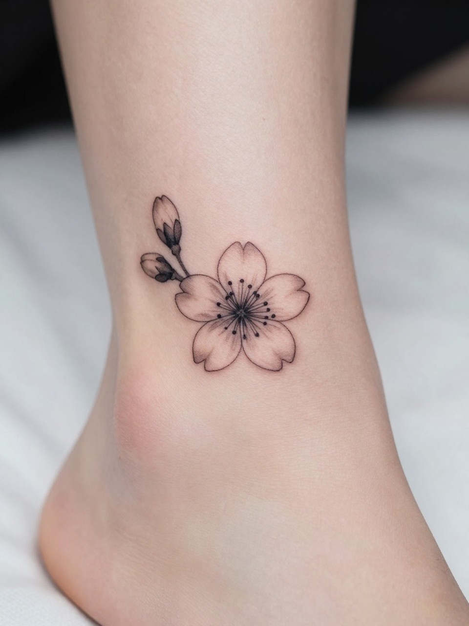Image Prompt: "Extreme close-up of a single Japanese sakura flower tattoo on the ankle, fine line black ink with very soft shading, tiny delicate petals, minimalist micro tattoo style, realistic skin texture, soft bedding in the background, neutral pedicure, tattoo is the clear focus, modern feminine inspiration image (no watermarks on images)"