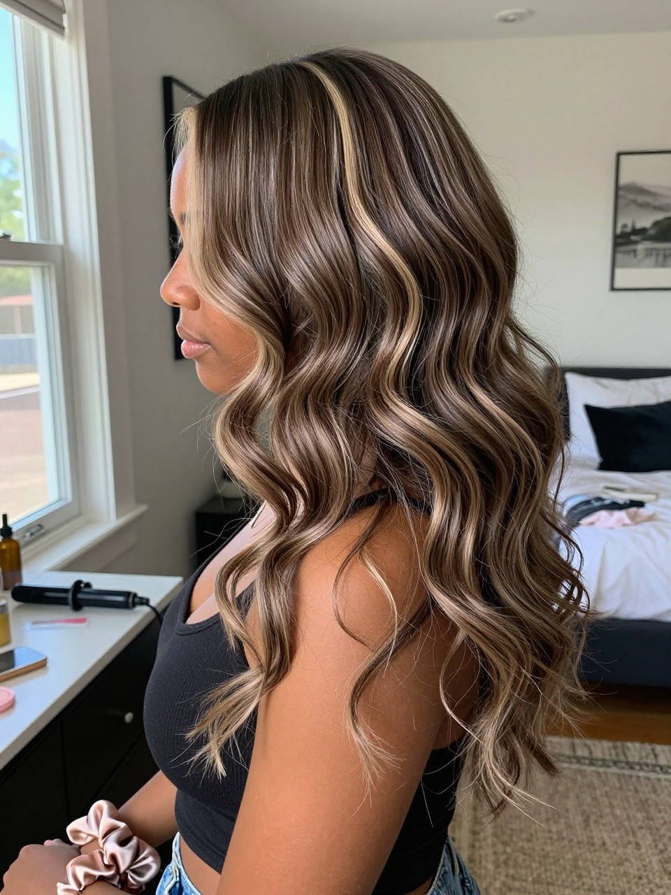 Photo of a black woman wearing soft ash brown waves with beige highlight ribbons woven through the lengths, side profile view, in a sun-drenched bedroom, natural window light, containing a small lived-in detail such as a curling iron on the counter and a silk scrunchie on the wrist, latest iPhone photo quality.
