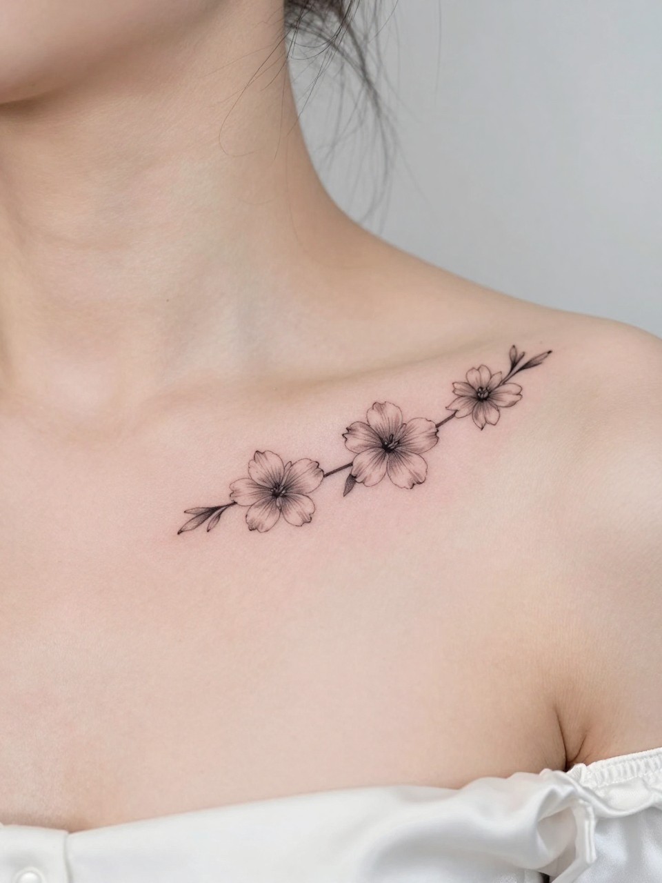 Image Prompt: "Close-up of two tiny fine line flower tattoos along the collarbone, black ink floral design with soft petals and light shading, realistic skin texture, satin blouse neckline barely visible, feminine clean composition, close-up tattoo visibility, soft minimal background, tattoo is the clear main subject (no watermarks on images)"