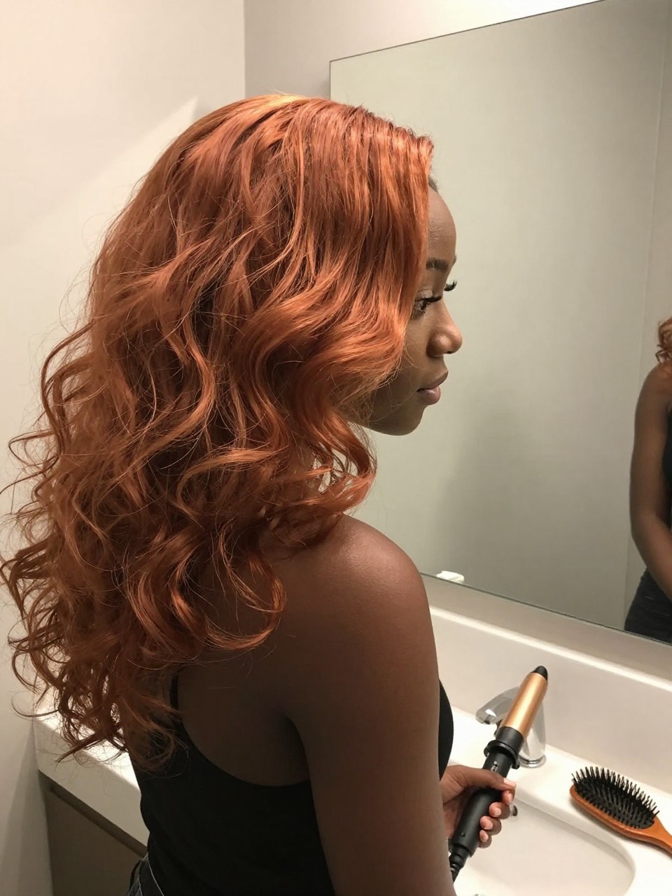 Photo of a black woman wearing copper peach hair in loose soft curls, side profile view, bathroom vanity mirror setting, soft indoor lighting, with a curling iron on the counter and a hairbrush nearby, latest iPhone photo quality.