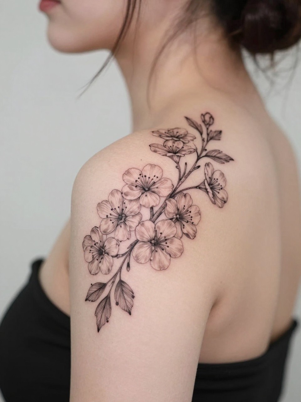 Image Prompt: "Design-focused close-up of a blooming hawthorne tattoo on the shoulder blade, black ink fine line floral style with soft grey shading, delicate clustered blossoms, realistic skin texture, hair loosely pinned up, clean feminine styling, soft minimal background, tattoo fills most of the frame (no watermarks on images)"