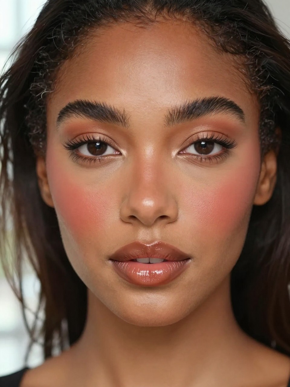 IMAGE_PROMPT: Super realistic close-up beauty portrait of a Black woman wearing clean girl makeup with sheer radiant skin, warm terracotta blush, caramel nude glossy lips, feathered brows, softly lifted lashes, and a smooth fresh complexion, shot from a front-facing portrait, with diffused natural window light that clearly reveals the blush warmth, gloss shine, and realistic skin texture, realistic skin texture, softly styled natural hair, minimal blurred background, feminine modern beauty photography, latest iPhone photo quality (no watermarks on images).