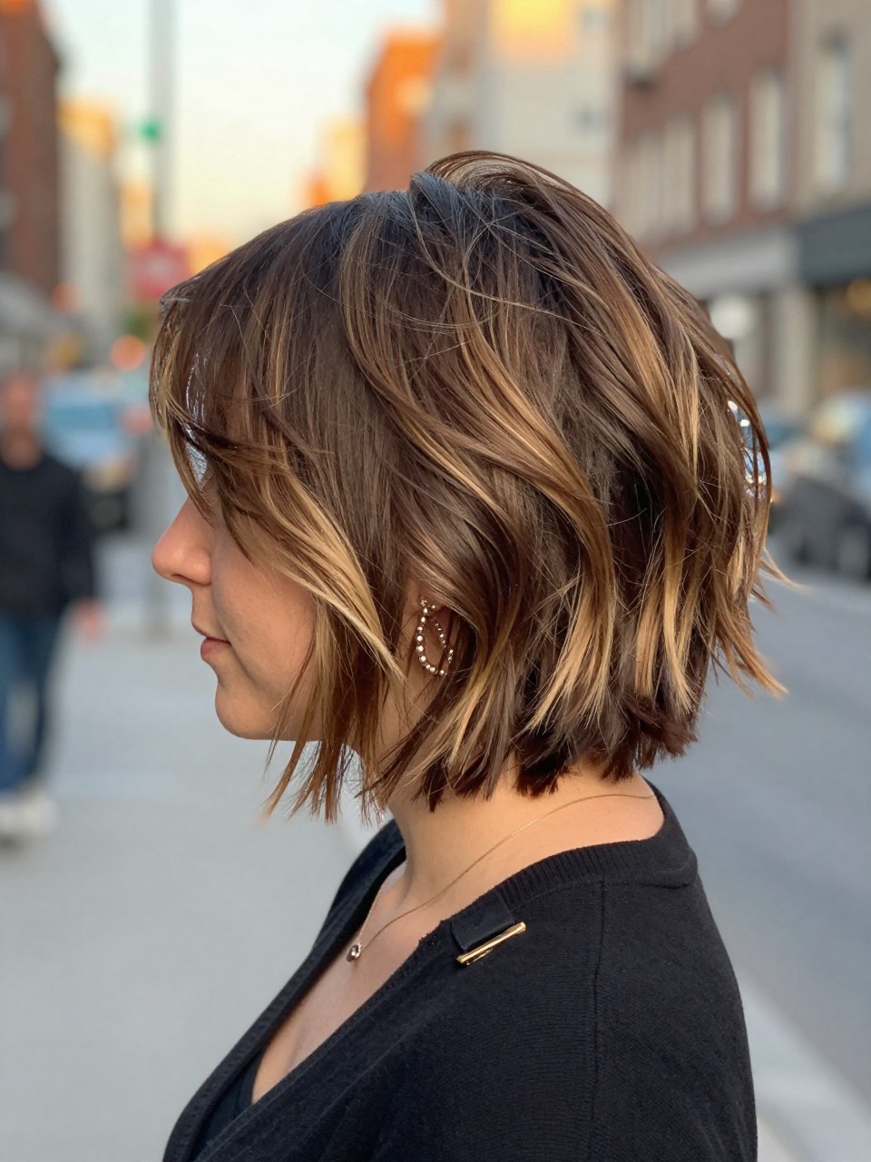 Photo of a woman wearing a tousled brunette bob with butter blonde highlights and soft choppy texture, back-of-head view to highlight details, in a softly blurred city street background, golden hour glow, containing a small lived-in detail such as a hair clip clipped to the collar and statement earrings peeking through, latest iPhone photo quality.