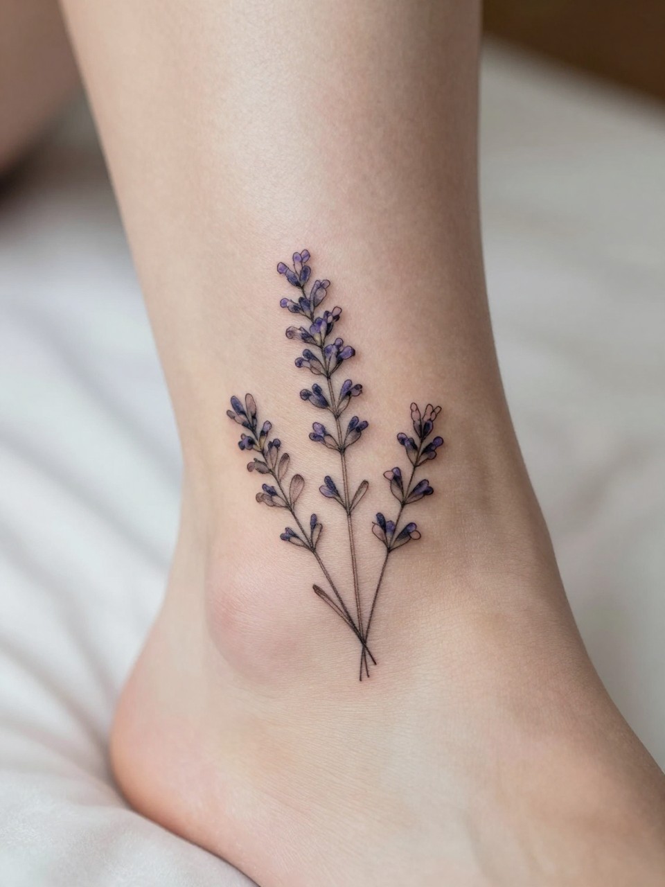Image Prompt: "Macro shot of a minimalist lavender tattoo on the ankle, black ink fine line floral design with tiny clustered blossoms and very subtle shading, realistic skin texture, neutral pedicure, soft bedding in the background, design-first composition, modern feminine tattoo inspiration photo, tattoo clearly in focus (no watermarks on images)"