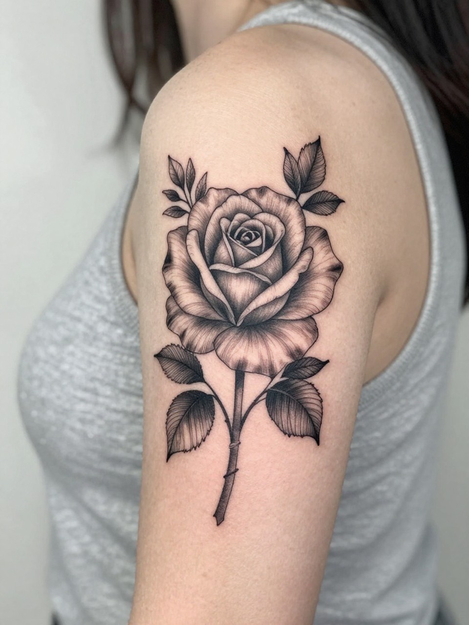 Image Prompt: "Close-up of a rose tattoo on the upper arm, black ink floral design with fine line layered petals and soft grey shading, medium-size composition, realistic skin texture, sleeveless blouse edge softly visible, modern feminine tattoo inspiration image, minimal clean background, tattoo dominates the image (no watermarks on images)"