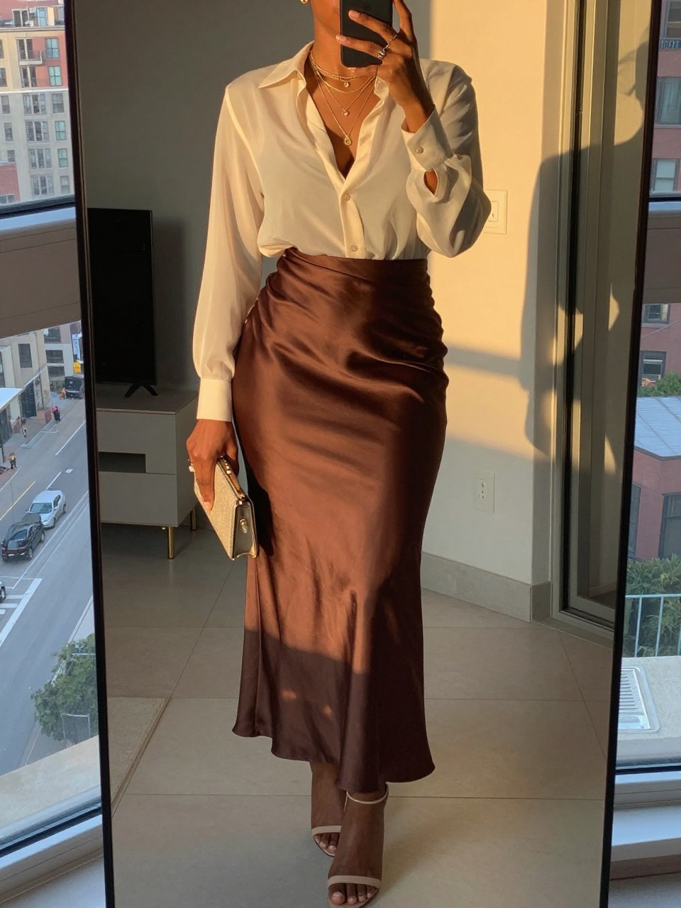 iPhone mirror selfie of a black woman wearing a cream sheer blouse with delicate layered gold necklaces tucked into a chocolate brown satin maxi skirt with nude heeled sandals, holding a small clutch, standing in an elegant evening pose, cropped at NECK so face doesn't show, in a city apartment, evening golden hour, iPhone photo quality.