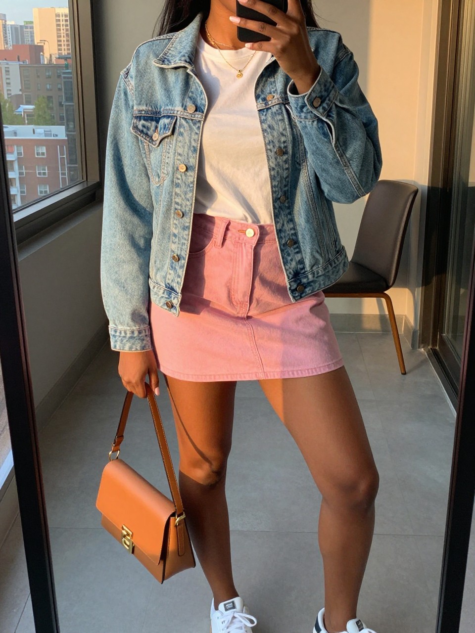 iPhone mirror selfie of a black woman wearing a white tee tucked into a dusty pink denim mini skirt with a light-wash denim jacket worn open and white sneakers, holding a tan leather crossbody bag, standing in a casual weekend pose, cropped at NECK so face doesn't show, in a city apartment, evening golden hour, iPhone photo quality.