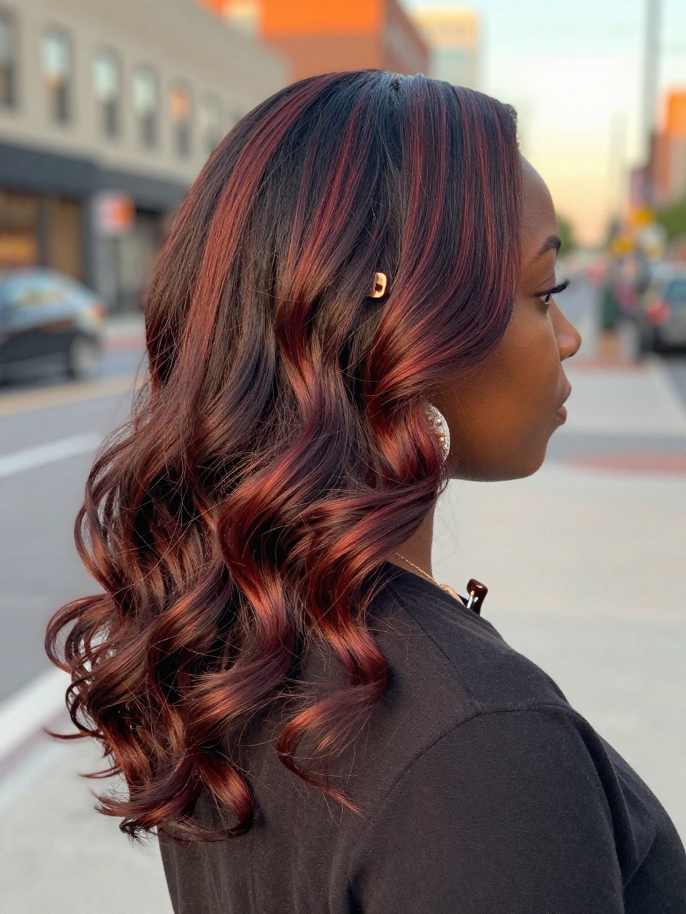 Photo of a black woman wearing dark brown hair with mahogany highlights in soft loose waves, back-of-head view to highlight the warm red-brown pieces, softly blurred city street background, golden hour glow, with a hair clip clipped to her collar and statement earrings peeking through, latest iPhone photo quality.