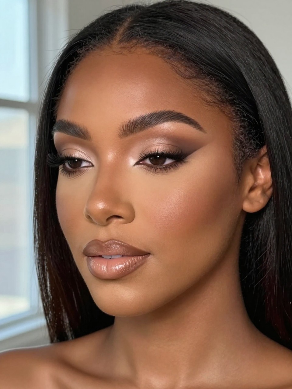 IMAGE_PROMPT: Super realistic close-up beauty portrait of a Black woman wearing classy nude makeup with soft taupe matte eyeshadow, cocoa crease definition, lightly bronzed satin skin, satin nude beige lips, clean separated lashes, and softly groomed brows, shot from a three-quarter face angle, with soft natural window light that clearly reveals the matte eye texture and believable skin finish, realistic skin texture, sleek shoulder-length hair, minimal blurred background, feminine modern beauty photography, latest iPhone photo quality (no watermarks on images).