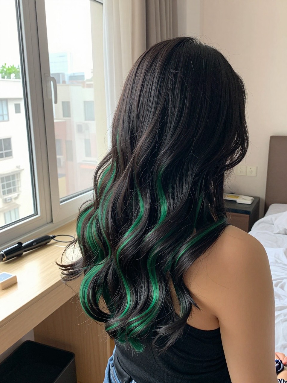 Photo of a woman wearing soft black waves with emerald green highlight ribbons woven through the lengths, side profile view, in a sun-drenched bedroom, natural window light, containing a small lived-in detail such as a curling iron on the counter and a silk scrunchie on the wrist, latest iPhone photo quality.