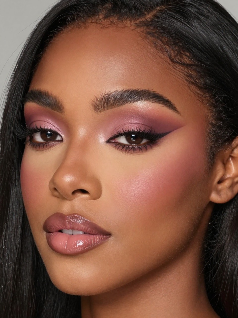IMAGE_PROMPT: Super realistic close-up beauty portrait of a Black woman wearing soft glam makeup with muted mauve eyeshadow, cocoa brown outer corners, wispy lashes, rosy mauve blush, glossy rose lips, softly glowing skin, and brushed full brows, shot from a three-quarter face angle, with diffused studio lighting that clearly reveals the mauve tones, lash detail, and realistic skin texture, realistic skin texture, softly styled long black hair, minimal blurred background, feminine modern beauty photography, latest iPhone photo quality (no watermarks on images).