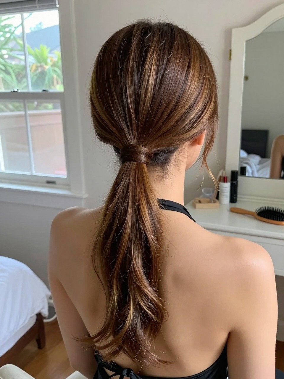 Photo of a woman wearing a sleek low ponytail with brown hair, highlights, and lowlights through the tail, back-of-head view to highlight details, in a sun-drenched bedroom, natural window light, containing a small lived-in detail such as a black ribbon tied at the base and a hairbrush on the vanity, latest iPhone photo quality.