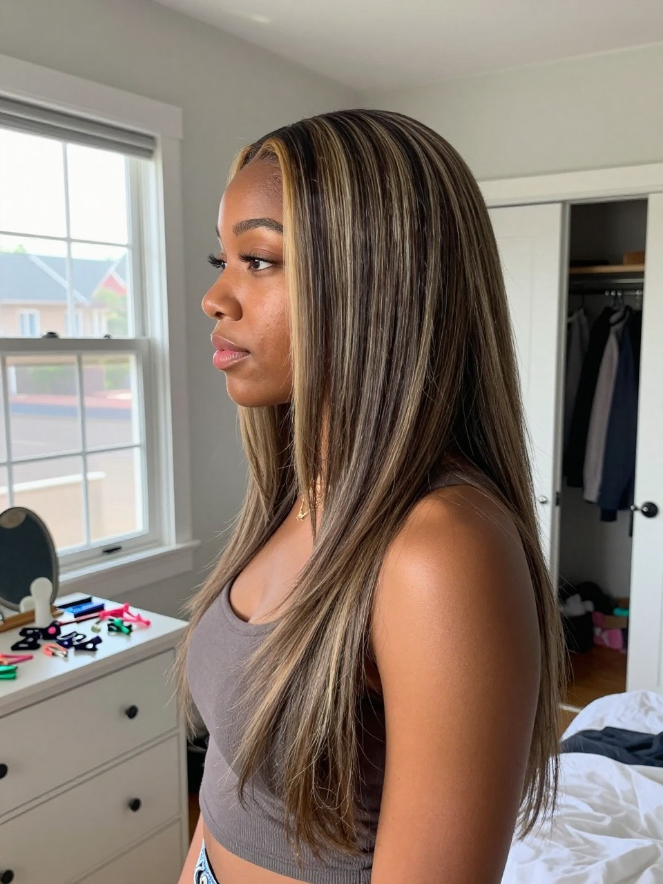 Photo of a black woman wearing long ash brown layered hair with blonde highlights and soft body, side profile view, in a sun-drenched bedroom, natural window light, containing a small lived-in detail such as sectioning clips on the dresser and a slightly open closet behind, latest iPhone photo quality.
