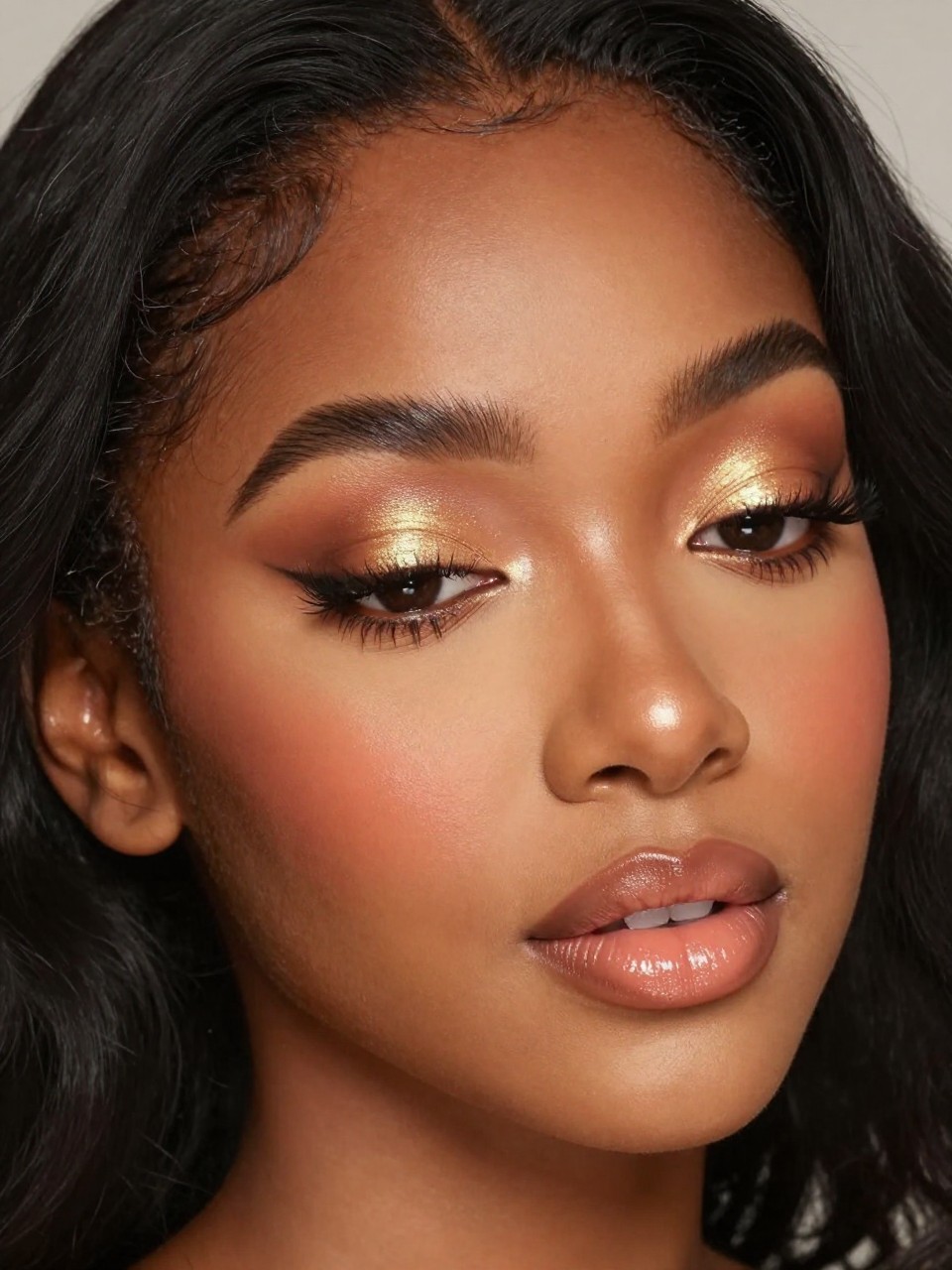 IMAGE_PROMPT: Super realistic close-up beauty portrait of a Black woman wearing cute birthday makeup with honey bronze shimmer eyelids, warm caramel crease definition, soft brown eyeliner, radiant skin, warm apricot blush, peach nude glossy lips, fluttery lashes, and softly brushed brows, shot from a three-quarter view, with diffused studio lighting that clearly reveals the golden shimmer, lip shine, and realistic skin texture, realistic skin texture, black hair styled in polished waves, minimal soft backdrop, feminine modern beauty photography, latest iPhone photo quality (no watermarks on images).