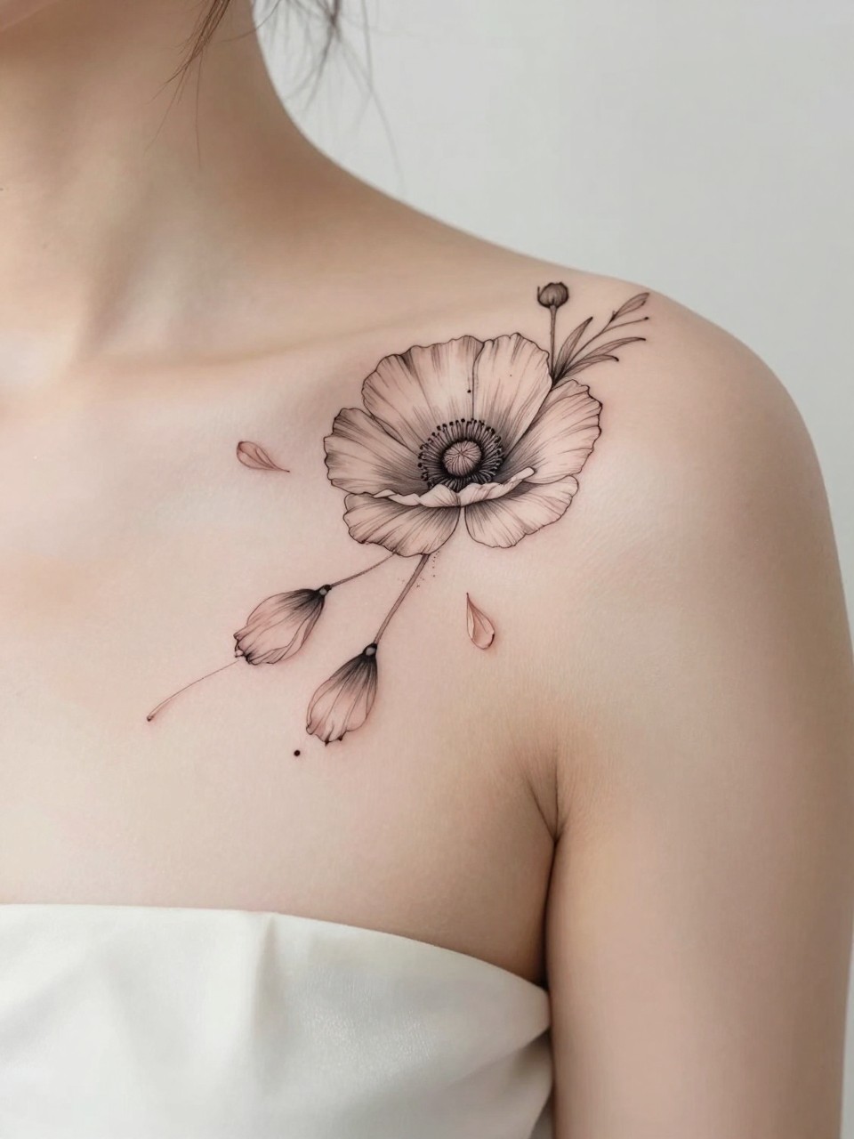 Image Prompt: "Design-focused close-up of a poppy flower tattoo with falling petals along the collarbone, black ink fine line floral design with soft shading, delicate drifting petal detail, realistic skin texture, silk blouse neckline barely visible, close-up tattoo visibility, feminine modern tattoo inspiration photo, soft minimal background, tattoo is the hero (no watermarks on images)"