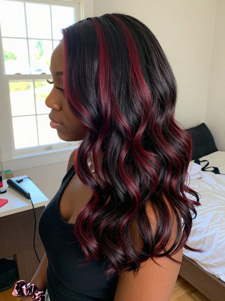 Photo of a black woman wearing soft black waves with deep cherry red highlight ribbons woven through the lengths, side profile view, in a sun-drenched bedroom, natural window light, containing a small lived-in detail such as a curling iron on the counter and a silk scrunchie on the wrist, latest iPhone photo quality.