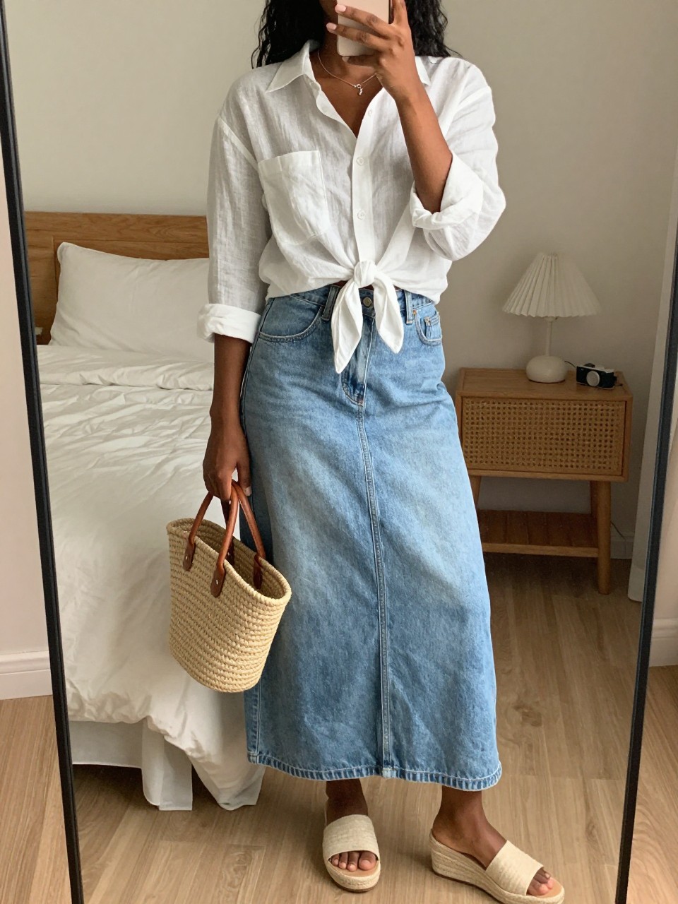 iPhone mirror selfie of a black woman wearing a white linen button-down shirt tied at the waist over a light-wash denim maxi skirt with espadrille wedges and a straw basket bag, standing in a relaxed summer pose, cropped at NECK so face doesn't show, in a feminine-themed bedroom, warm moody lighting, iPhone photo quality.