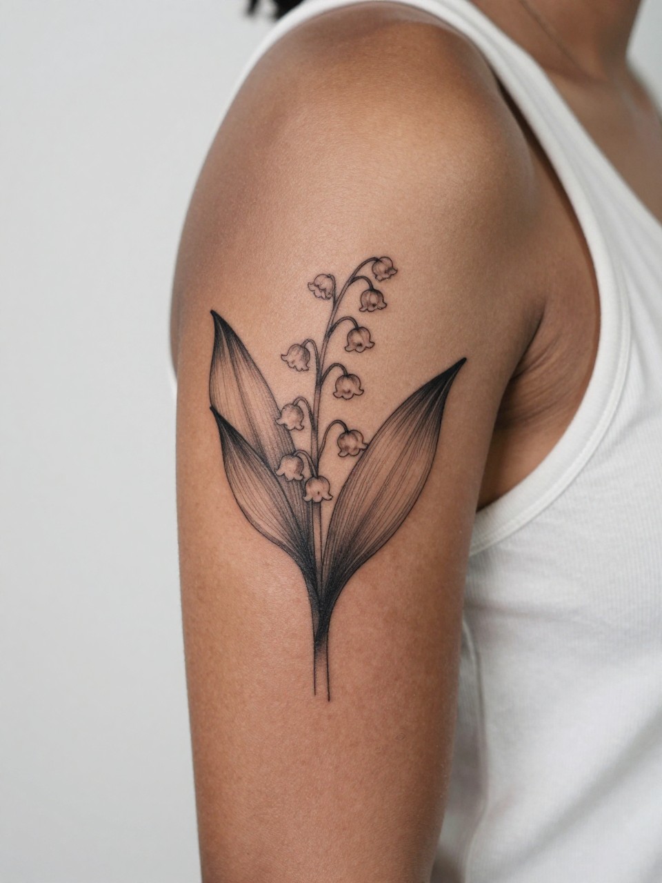 Image Prompt: "Close-up of a lily of the valley tattoo on the upper arm of black feminine woman, black ink floral design with fine line stems, tiny bell-shaped blooms, and soft grey shading, medium-size composition, realistic skin texture, sleeveless blouse edge softly visible, modern feminine tattoo inspiration image, minimal clean background, tattoo dominates the image (no watermarks on images)"